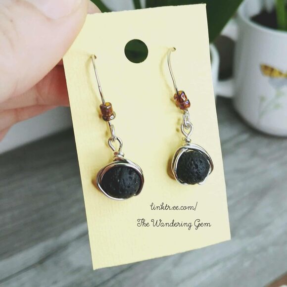 Lava Rock Beaded Dangle Earrings, Hammered Earrings, 1.5" - Picture 4 of 6